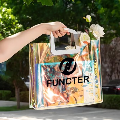 Iridescent Clear PVC Tote Bag W/ Leather Handle