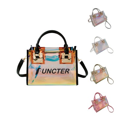 PVC Tote Bag - Iridescent Laser Transparent Handbag With Top Handle & Crossbody Strap