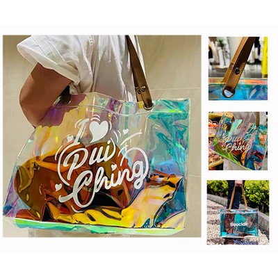 Holographic Tote With Brown Pu Handles