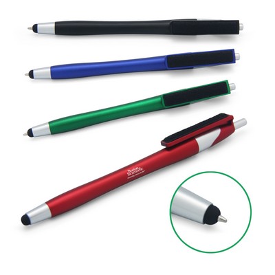 Plunge-action Stylus Ballpoint Pen with Screen Cleaner